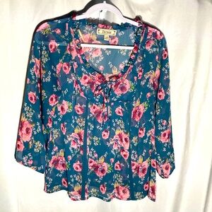 58-10 DECREE blue pink floral ruffle semi sheer top L